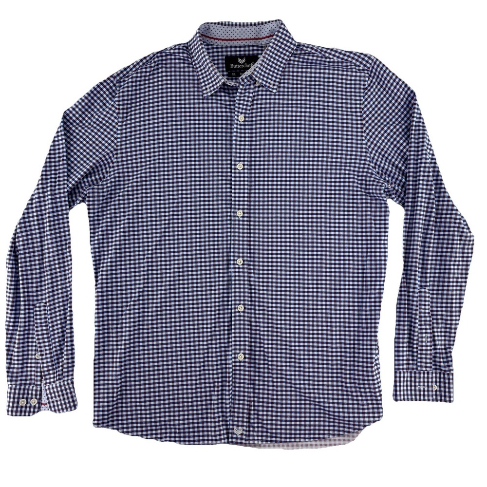 Buttercloth Button Up Shirt Mens XL Regular Fit Blue Red‎ Soft Stretch